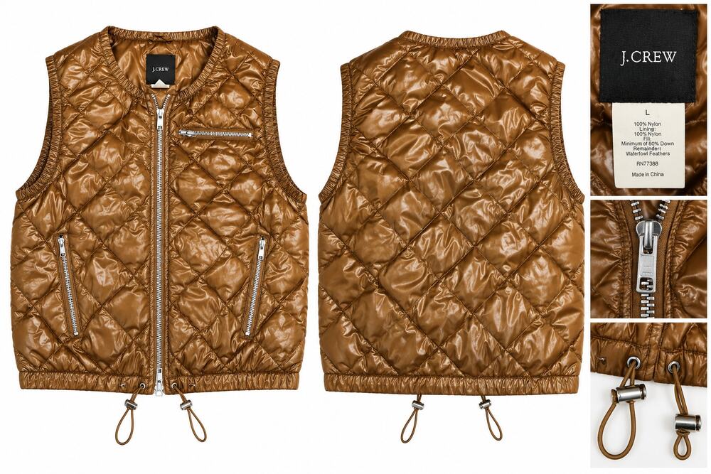 J.Crew Women's Down Puffer Vest L Copper Brown Quilted Zip Front Lightweight